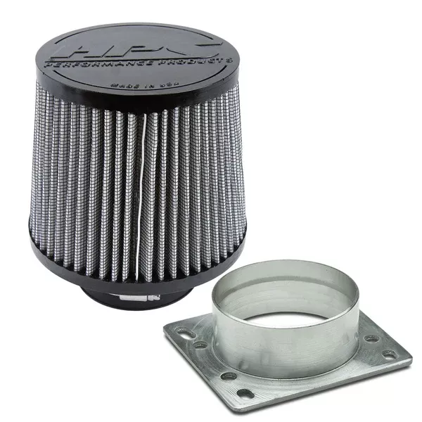 HPS 3″ White Round Tapered Intake Air Filter & 3″ MAF Adapter 6.5″ Length, 6″ Base, 5″ Top. HPS-4276